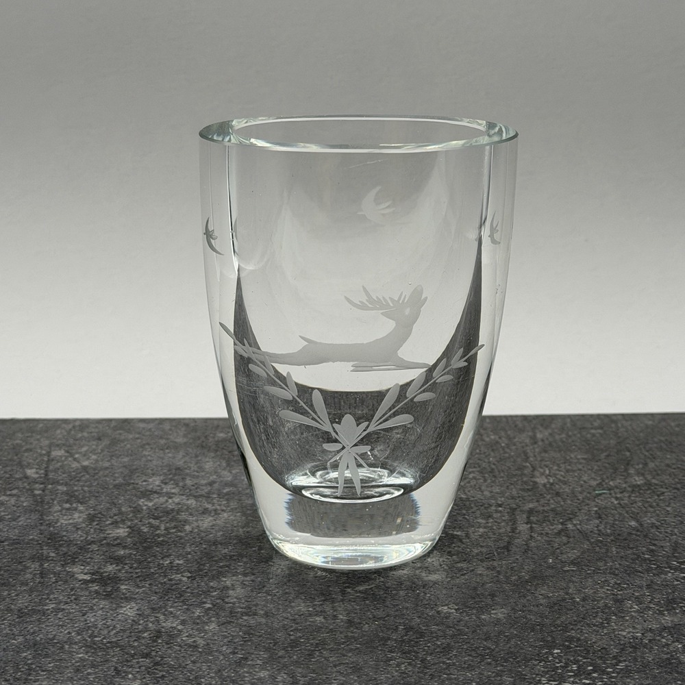 Orrefors Crystal Etched Leaping Stag Deer & Birds 5" High Art Glass Vase Sweden